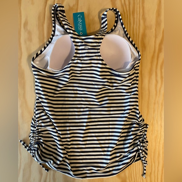 Calypsa by Modli Maya Swim Top Tankini White Navy Gold Striped - Picture 2 of 12